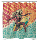 Close-up of the Surfing1 01 Shower Curtain, highlighting the detailed surf-themed graphics, adding a splash of color and adventure to any shower.
